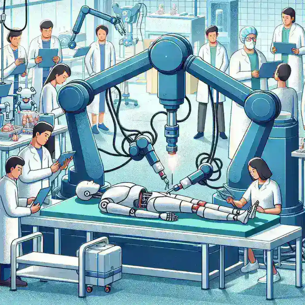 "Robot-led patient model testing setup demonstrating safety protocols in a clinical environment, featuring advanced robotic technology and safety measures."